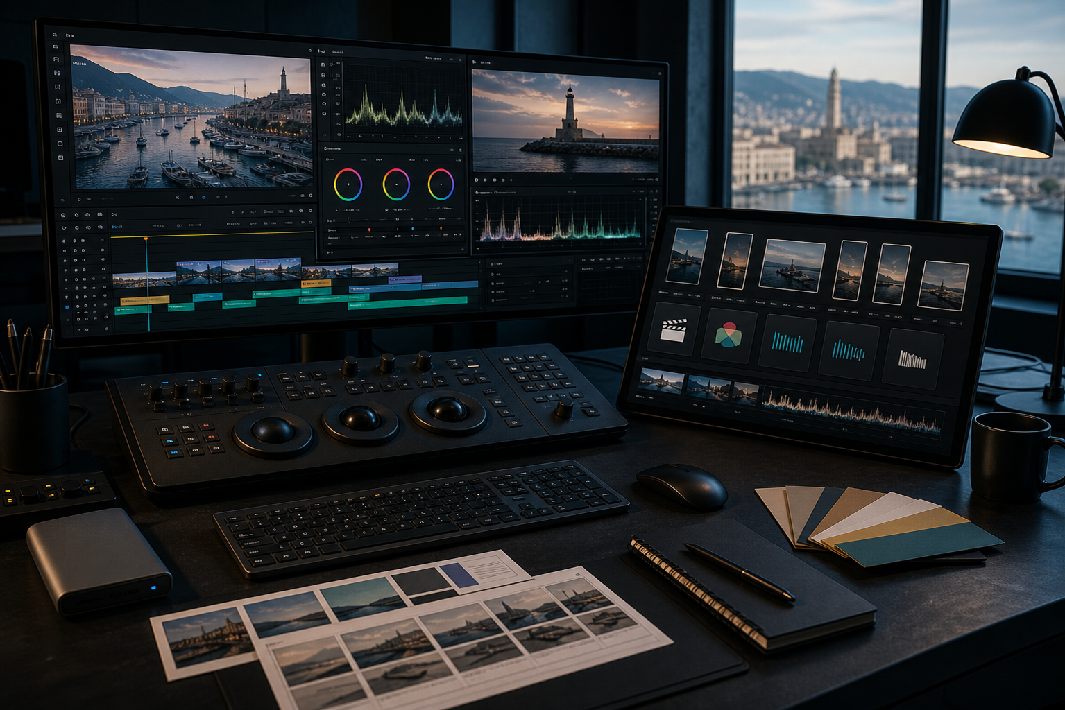 Postazione di editing video con monitor e console di montaggio